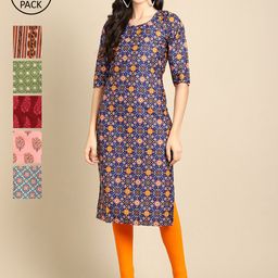 7Threads Women Set Of 6 Blue & Green Ethnic Motifs Printed Crepe Kurta-image-20