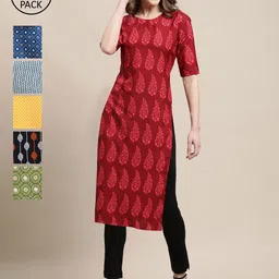 KALINI Women Pack Of 6  Multicoloured Geometric Printed Crepe Kurta-image-63
