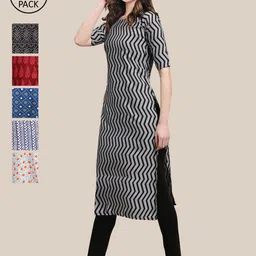 KALINI Women Pack Of 6 Black & Red Printed Crepe Kurta-image-2