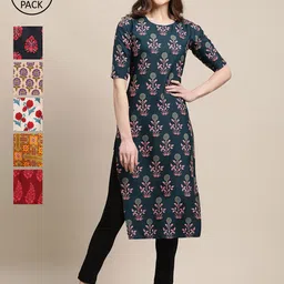 KALINI Women Pack of 6 Ethnic Motifs Printed Crepe Kurta-image-82