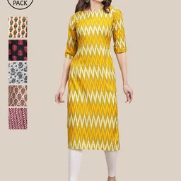 KALINI Women Pack Of 6 Yellow & Beige Printed Crepe Kurta-image-2