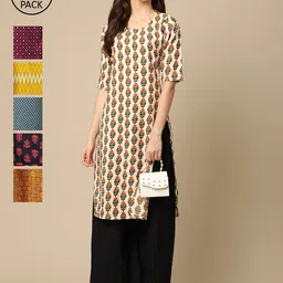 KALINI Women Pack of 6 Geometric Printed Crepe Kurta-image-76