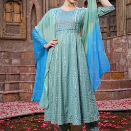 Stylum Turquoise Blue Embroidered Regular Gotta Patti Kurta with Trousers & Dupatta-picture-27
