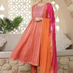 Stylum Coral & Pink Floral Woven Design Gotta Patti Anarkali Kurta with Trousers & Dupatta-51