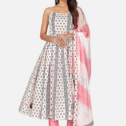Vbuyz Women White Printed Empire Mirror Work Pure Cotton Kurta with Trousers & Dupatta-picture-33