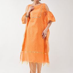 Pannkh Ethnic Motifs Woven Design Cold-Shoulder Sleeves Gotta Patti Kaftan Kurta-image-1