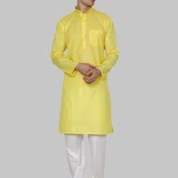 ROYAL KURTA Men Yellow Solid Cotton Blend Straight Kurta with Pyjamas-picture-12