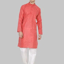 ROYAL KURTA Men Orange And White Solid Mandarin Collar Long Sleeves Kurta With Pyjama-8