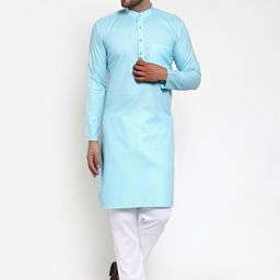 Jompers Men Turquoise  Blue & White Cotton Blend Kurta with Pyjamas-picture-25