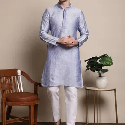 Anouk Blue & White Ethnic Motifs Woven Design Mandarin Collar Kurta with Pyjamas-8