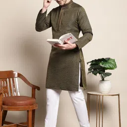 Anouk Olive Woven Design Mandarin Collar Thread Work Kurta With Pyjamas-image-39