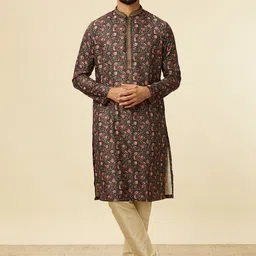 Manyavar Floral Printed Mandarin Collar Straight Kurta with Pyjamas-picture-49