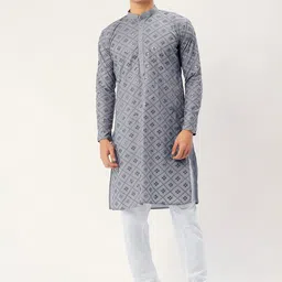 Jompers Men Grey Embroidered Mirror Work Pure Cotton Kurta with Pyjamas-picture-18