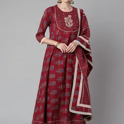 Divena Women Red Floral Printed Regular Gotta Patti Pure Cotton Kurta with Trousers & With Dupatta-image-8