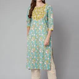 Divena Women Blue Floral Printed Regular Gotta Patti Pure Cotton Kurta with Trousers-image-53