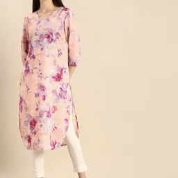 Anouk Women Peach-Coloured & Purple Floral Printed A-Line Kurta With Knot Detail-image-6