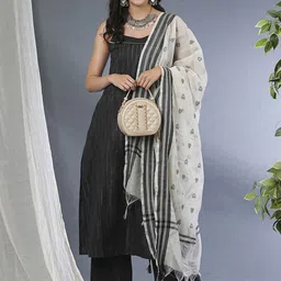 Globus Strappy Square Neck Yarndyed Straight Kurta With Pants & Dupatta-picture-48