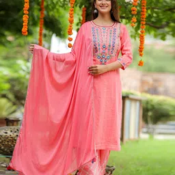 Chandbaali Floral Yoke Design Regular Mirror Work Cotton Kurta With Palazzos &  Dupatta-5