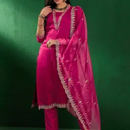 Sangria Floral Embroidery Sequined Zari Straight Kurta With Trouser & Dupatta-19