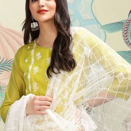 Ishin Lime Green Floral Embroidered Thread Work Straight Kurta With Trousers & Dupatta-picture-4