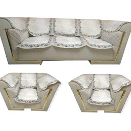 MONKDECOR White & Blue 12 Pieces Printed Velvet 5 Seater Sofa Covers With Arms-13