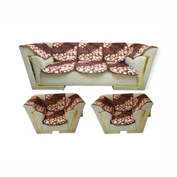 MONKDECOR Brown & White 12 Pieces Printed Velvet 5 Seater Sofa Covers With Arms-image-78