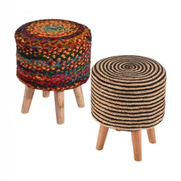 Kuber Industries 2-Pcs Black & Red Striped Round Fluffy & Comfortable Ottomans For Sitting-7