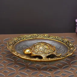 Ascension Gold Toned & Black Textured Feng Shui Tortoise On Plate Metal Idol Showpiece-image-69
