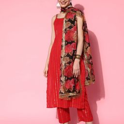 KALINI Striped Pure Cotton Kurta with Trousers & Dupatta-image-5