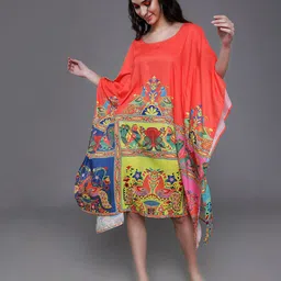 AKS Round Neck Ethnic Motifs Printed Kaftan Calf Length Silk Dress-picture-6