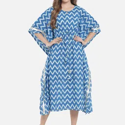 Meeranshi Women Blue Keyhole Neck Cotton Kaftan Midi Dress-image-39