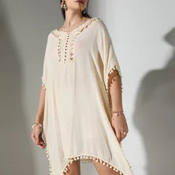 SHOWOFF Women Cotton Kaftan Extended Sleeves Dress with Crochet & Pom-Pom Detail-image-39