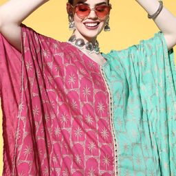 Sangria Women Pink & Green Printed Flared Sleeves Kaftan Kurta-image-17