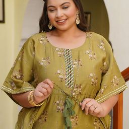 Jaipur Kurti Green Ethnic Motifs Printed Chanderi Cotton Kaftan Kurta with Palazzos-image-55