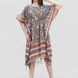 Kesarya Ethnic Motifs Print Kimono Sleeve Kaftan Midi Dress-image-27