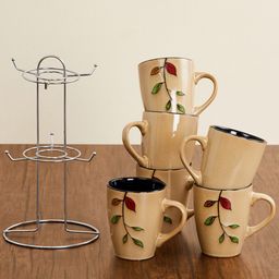 Home Centre Set Of 6 Camel Brown & Silver-Toned Printed Stoneware Mugs & Metal Stand-7