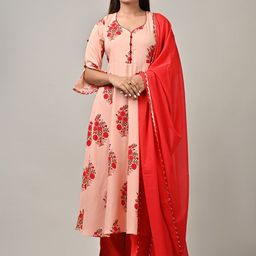PUKHYA Floral Printed Regular Kurta with Trousers & With Dupatta-image-16