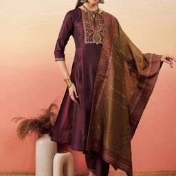 Sangria Ethnic Motifs Yoke Design Kurta With Trouser & Dupatta-31