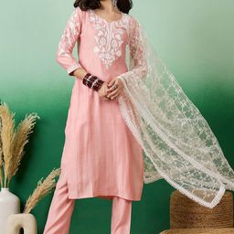 Sangria Peach Floral Embroidered Regular Straight Kurta With Trousers With Dupatta-picture-32