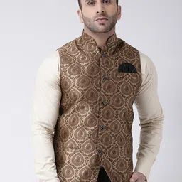 hangup Men Brown Woven Design Bandhgala Festive Nehru Jacket-35