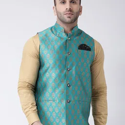 Hangup Men Turquoise Blue Printed Bandhgala Nehru Jacket-32
