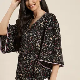 Qurvii Women Black & Yellow Floral Print Top-image-83