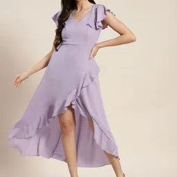 Qurvii Lavender Crepe A-Line Midi Dress-image-4