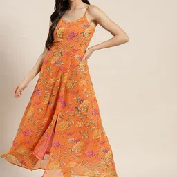 Qurvii Orange Floral Georgette A-Line Maxi Dress-image-99