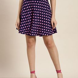 Qurvii Women Navy Blue & Pink Polka Dots Printed A-Line Skirt-83