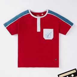 Ed-a-Mamma Boys Red & Blue Colourblocked Henley Neck Cotton T-shirt-51
