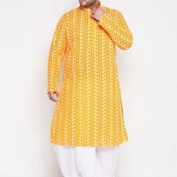 VASTRAMAY Men Orange Ethnic Motifs Printed Chikankari Pure Cotton Kurta with Dhoti Pants-picture-44