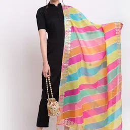 SOUNDARYA Multicoloured Striped Pure Cotton Leheriya Dupatta with Gotta Patti-37