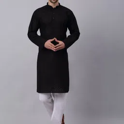 KRAFT INDIA Men White Embroidered Chikankari Pure Cotton Kurta with Pyjamas-picture-20