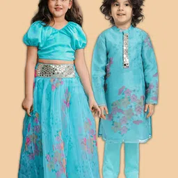 PICCOLO Boys Blue Floral Embroidered Regular Mirror Work Kurta with Pyjamas-picture-36